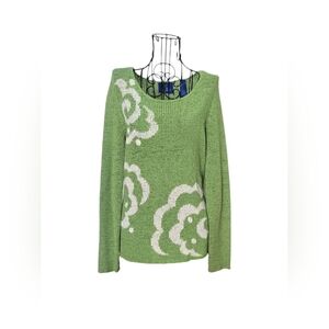 Lime Green Crew Neck Artistic Abstract Cottagecore Floral Knit Sweater